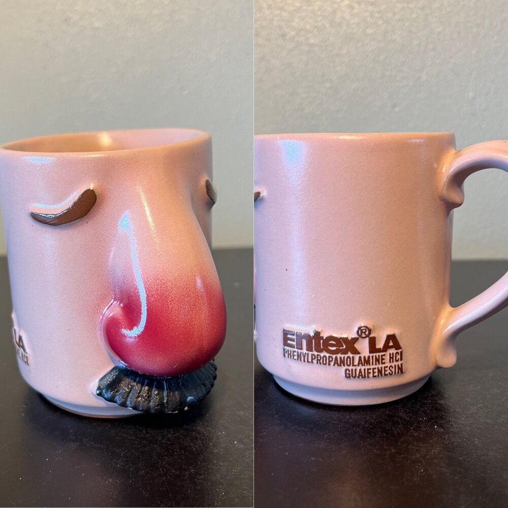 VTG Entex LA Drug Pharmaceutical Promotional 3-D Big Nose Mustache Pottery Mug